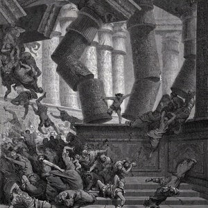 Gustave DORE Xilogravura religiosa de 1800 "Morte de Sansão" Galeria Emoldurada Certificado de Autenticidade ASSINADO