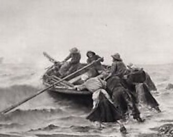 1800s GEORGES HAQUETTE Antique Print "The Fishing Trip" Custom Framed SIGNED Gallery Certificate