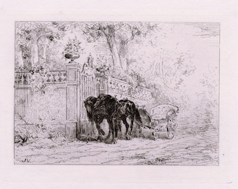 May include: An antique etching depicts a horse-drawn carriage on a cobblestone road. The horses are dark, and the carriage is light. A decorative wall and lush foliage frame the scene, creating a vintage aesthetic.