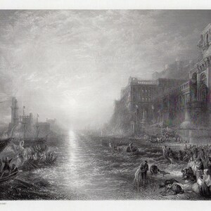 Puede incluir: Un grabado en blanco y negro que representa una escena histórica de una ciudad junto al mar. Hay barcos atracados en la costa y gente reunida en la playa. El grabado está titulado "J.M.W. Turner, R.A.  "Paint"