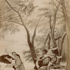 Gravura religiosa antiga de TITIANO, década de 1800, "A Morte de Pedro, o Mártir", emoldurada, COA