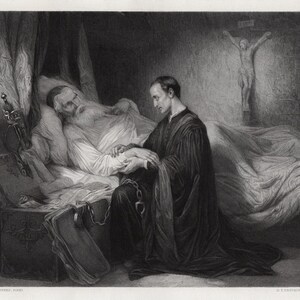 Gustave WAPPERS Gravura "A Morte de Colombo" de 1800, emoldurada profissionalmente, certificado de galeria