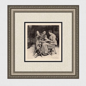 May include: A black and white etching of a man and woman sitting in a room. The woman is spinning a wheel and the man is watching her. The etching is signed "Emile Bayard" in the lower right corner.