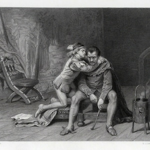 Puede incluir: Un grabado en blanco y negro de dos hombres en una habitación. El hombre de la izquierda está arrodillado y abrazando al hombre de la derecha, que está sentado en un taburete. El grabado está titulado "L.J. Pott, Pinxt." y "D.I. Desvignes, Sculpt."