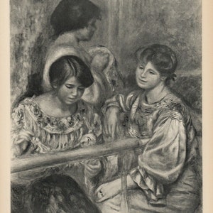 May include: A charcoal drawing depicts three young people, possibly women, in a close-up view. The figures are dressed in detailed, flowing garments. The artwork has a soft, textured appearance, with a focus on the subjects' expressions and interactions.