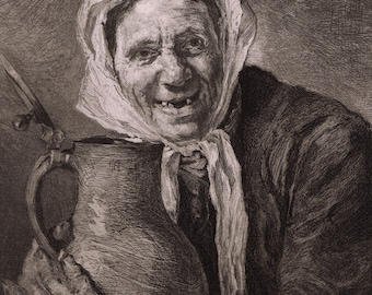Fritz von Uhde, 19e eeuw antieke ets "Oude vrouw met een waterkruik" gesigneerd ingelijst COA