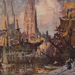 James Paterson Antique Color Print &quot;Amsterdam Harbour&quot; Custom Framed Gallery Certificate