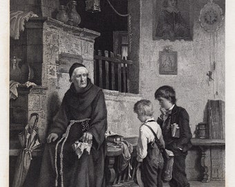 Grabado de Carl Schloesser del siglo XIX "Admonición sacerdotal", enmarcado profesionalmente y firmado. Certificado de galería.