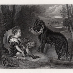 Puede incluir: Un grabado en blanco y negro de un niño pequeño sentado en el suelo con una cesta de flores. Un perro negro con un collar blanco se encuentra en un arroyo detrás del niño.