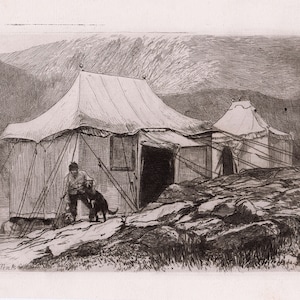 May include: A black and white etching of two tents set up in a rocky landscape. A person stands near the larger tent with a dog by their side. The text "The Tents" is in the lower left corner of the image.
