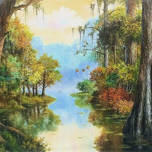 May include: Oil painting depicting a tranquil swamp landscape. Large trees with textured bark border a calm waterway, reflecting the sky and surrounding foliage. The artwork uses a palette of greens, blues, and browns.