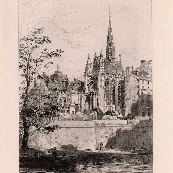 TOUSSAINT Original 1800s Etching "The Sainte Chapelle at Paris" SIGNED Framed Gallery Certificate