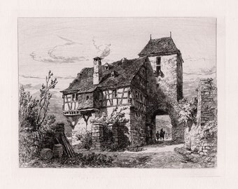 ERNEST GEORGE Radierung 1800er Original "Altes Haus und Turmtor in Cochem" Gerahmtes signiertes COA