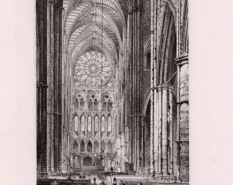 May include: A black and white engraving of the interior of a large cathedral with tall arched ceilings and a stained glass window. People are standing and sitting in the pews.