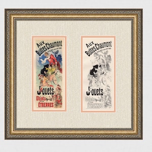May include: Two vintage French advertising posters for toys and gifts. The posters feature colourful illustrations of children playing with toys. The text on the posters reads "Aux Buttes Chaumont" and "Jouets Objets pour Etrennes".