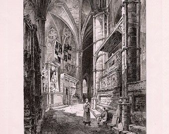 May include: A black and white engraving of the interior of a church. The image shows a vaulted ceiling, stone pillars, and a stone tomb. Two figures are standing in the foreground.
