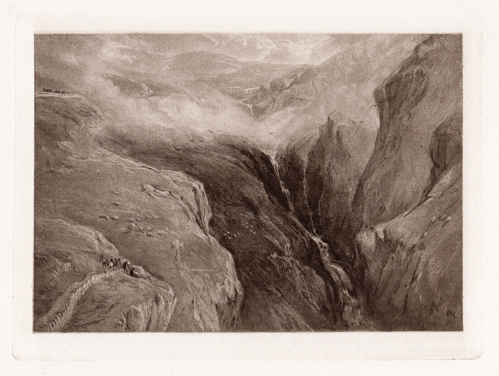 DAVID COX Antique 1800s Print " Waterfall in North Wales" Custom Framed Gallery Certificate