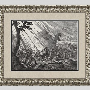 May include: A framed black and white etching depicting a historical scene with figures, horses, and a cityscape in the background. The artwork is set within a silver-colored ornate frame and a beige mat.