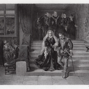 Peut inclure: Une gravure en noir et blanc représentant une scène de mariage. Une mariée et un marié descendent un escalier, entourés d'un groupe de personnes. La mariée porte une longue robe et un voile, et le marié porte un costume. La scène se déroule dans une grande salle avec une grande fenêtre en arrière-plan.