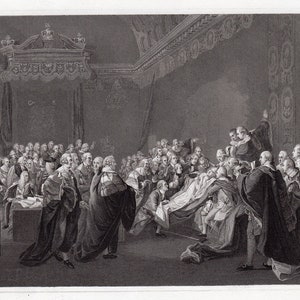 Gravura histórica de John S Copley da década de 1800 sobre a morte do conde de Chatham, emoldurada e assinada com certificado de autenticidade