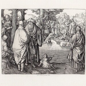 Grabado de Lucas van Leyden del siglo XIX "El bautismo de Jesucristo en el Jordán", firmado por Durand. Certificado de autenticidad enmarcado.