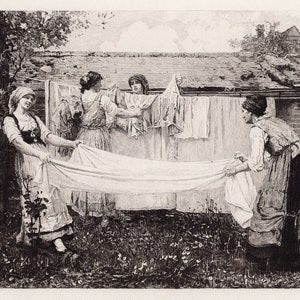 Desire Francois LAUGEE 1800s Antique Etching "The Washer Women" Signed Professionally Framed  COA
