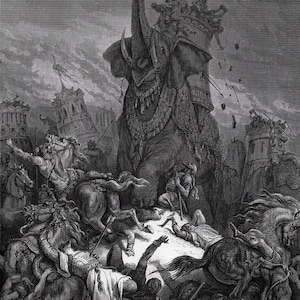 1800 Gustave DORE Xilogravura "Esforços heróicos e morte de Eleazar" Galeria emoldurada Certificado de autenticidade ASSINADO