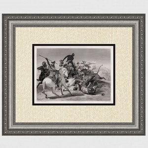 Horace Vernet Interesting 1800s Antique Engraving &quot;The Great Lion Hunt&quot; Framed Signed COA