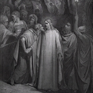 1800s Gustave DORE  Woodcut &quot;The Kiss of Judas&quot; Gallery Framed SIGNED Certificate of Authenticity