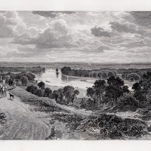 May include: A black and white engraving of a landscape scene with a river winding through a valley. The river is surrounded by trees and there are people on horseback in the foreground. The sky is cloudy and the sun is shining.