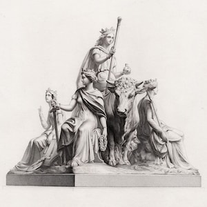 May include: A black and white engraving of a sculpture depicting four figures. The central figure is a woman holding a staff and a bull stands beside her. The other figures are women holding a sword, a wreath, and a staff. The sculpture is on a pedestal.