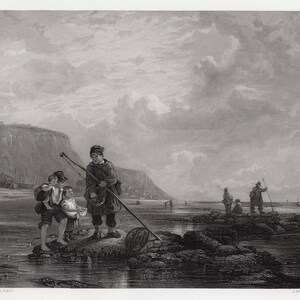 May include: A black and white engraving of a group of children fishing on a rocky shore. The children are using nets and poles to catch fish. In the background, there is a town and a hill.