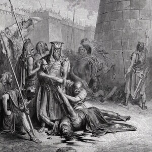 Xilogravura de Gustave Dore "Morte de Abimeleque" da década de 1800, galeria emoldurada, certificado de autenticidade assinado