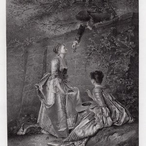 May include: A black and white engraving of a man offering a small bouquet of flowers to a woman. The woman is standing next to another woman who is seated on a rock. The engraving is titled "METZMACHER PINX'T" and "P. LIGHTFOOT SCULP'T".