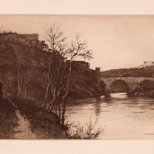 MACBETH-RAEBURN 1800s Etching &quot; Famous Landmark Bridge of Alcantara&quot; Signed Gallery Framed COA