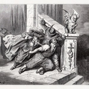 Gustave Dore 1800s Gravura A morte de Barba Azul Assinado Emoldurado