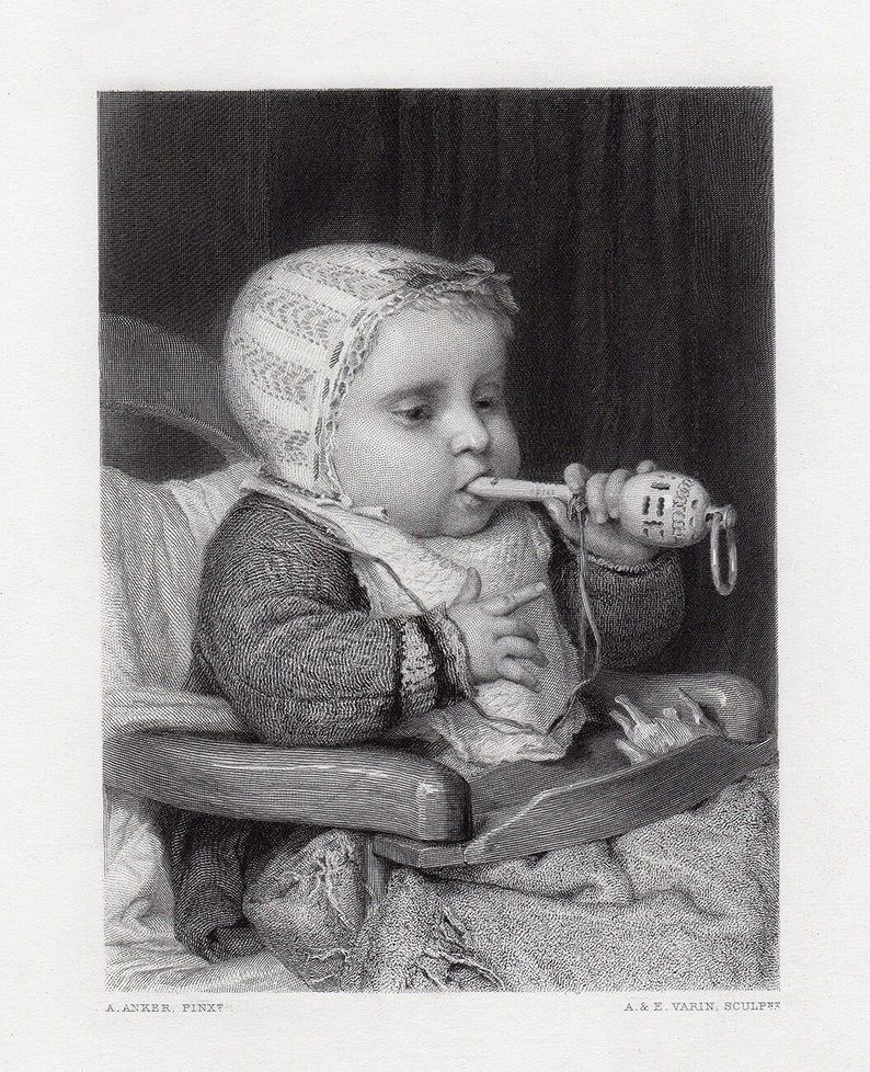 Albretch Samuel ANKER 1800s Engraving The Little Musician Custom Framed COA