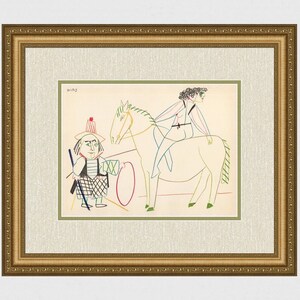 May include: A colorful line drawing of a person riding a horse with another person standing nearby holding a hoop. The drawing is in a white frame with a gold border.