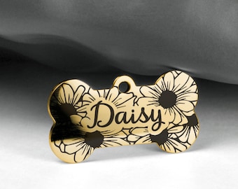 Engraved Daisy Dog ID Tag  Personalized Flower Pet Tag for Dogs