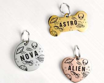 Galaxy Pet Tag – Personalized Engraved UFO and Rocket ID Tag, Custom Alien Design for Dogs and Cats