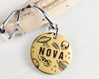 Galaxy Cat Tag – Personalized Engraved UFO and Rocket Dog ID Tag, Custom Alien Pet Tag, Outer Space Pet ID Tag