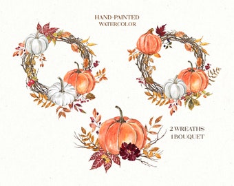 Fall Clip Art- Thanksgiving Harvest Digital Download Watercolor Pumpkin and Leaves Pastel Pumpkins Clipart Halloween Jack O Lantern
