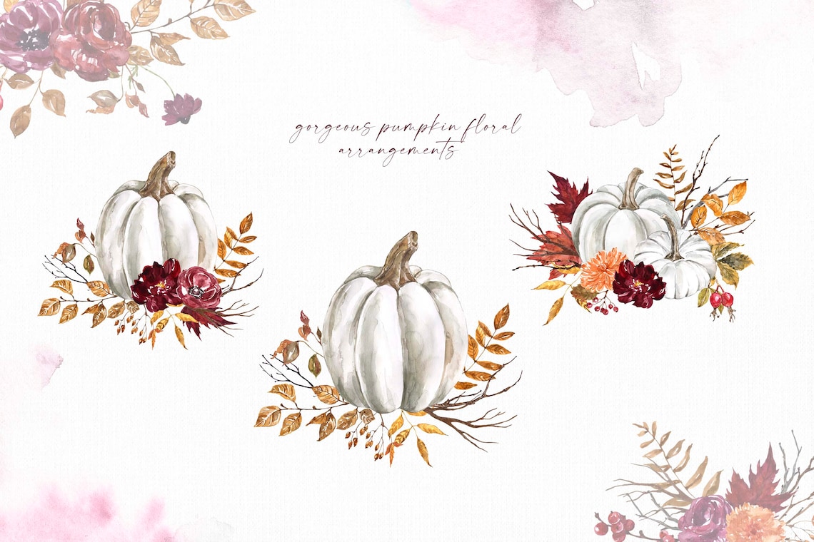 White Floral Pumpkins Clipart Watercolor Fall Arrangements | Etsy