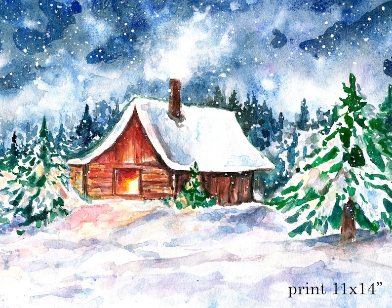 Watercolor Winter Wonderland Snow House Art print Christmas | Etsy