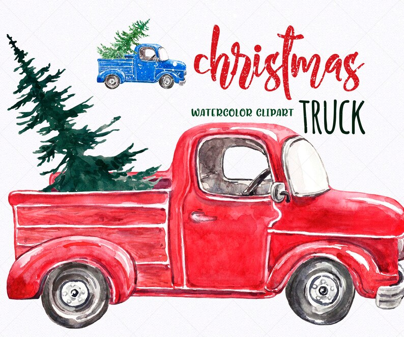 Download Winter Christmas Car Clipart Red Truck with Pine Fir Tree ...