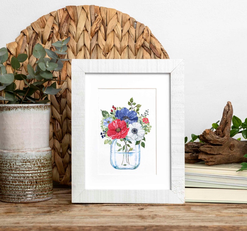 Watercolor Glass Jar Flower Arrangement Red White Navy Blue Etsy