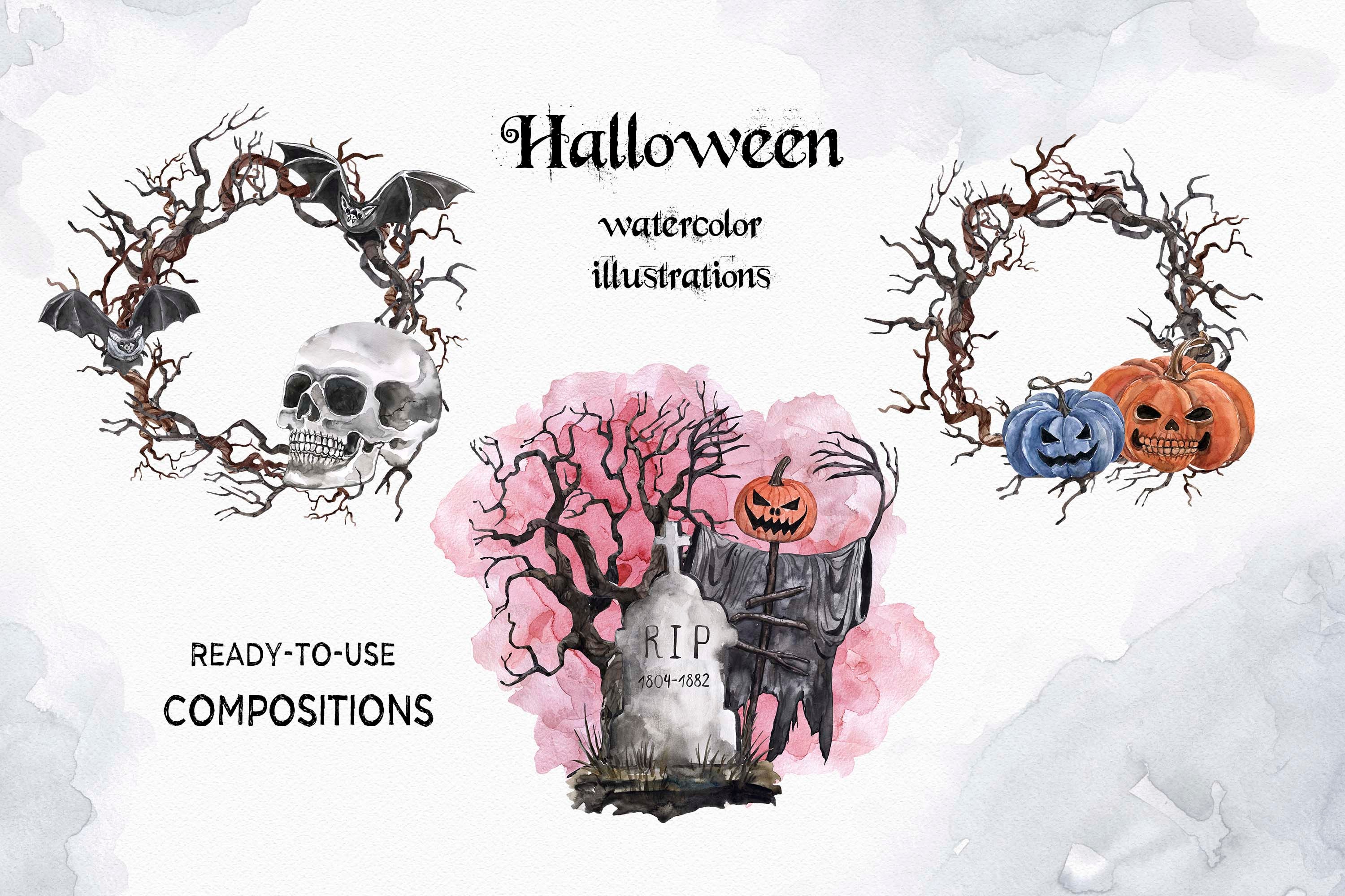 Skull Halloween clipart Watercolor Jack O Lantern Pumpkins | Etsy