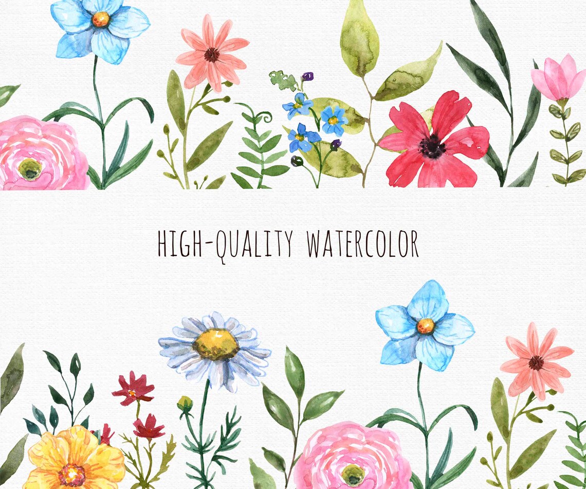 Wildflower Floral Border Frame Clipart Watercolor Wild Flowers | Etsy