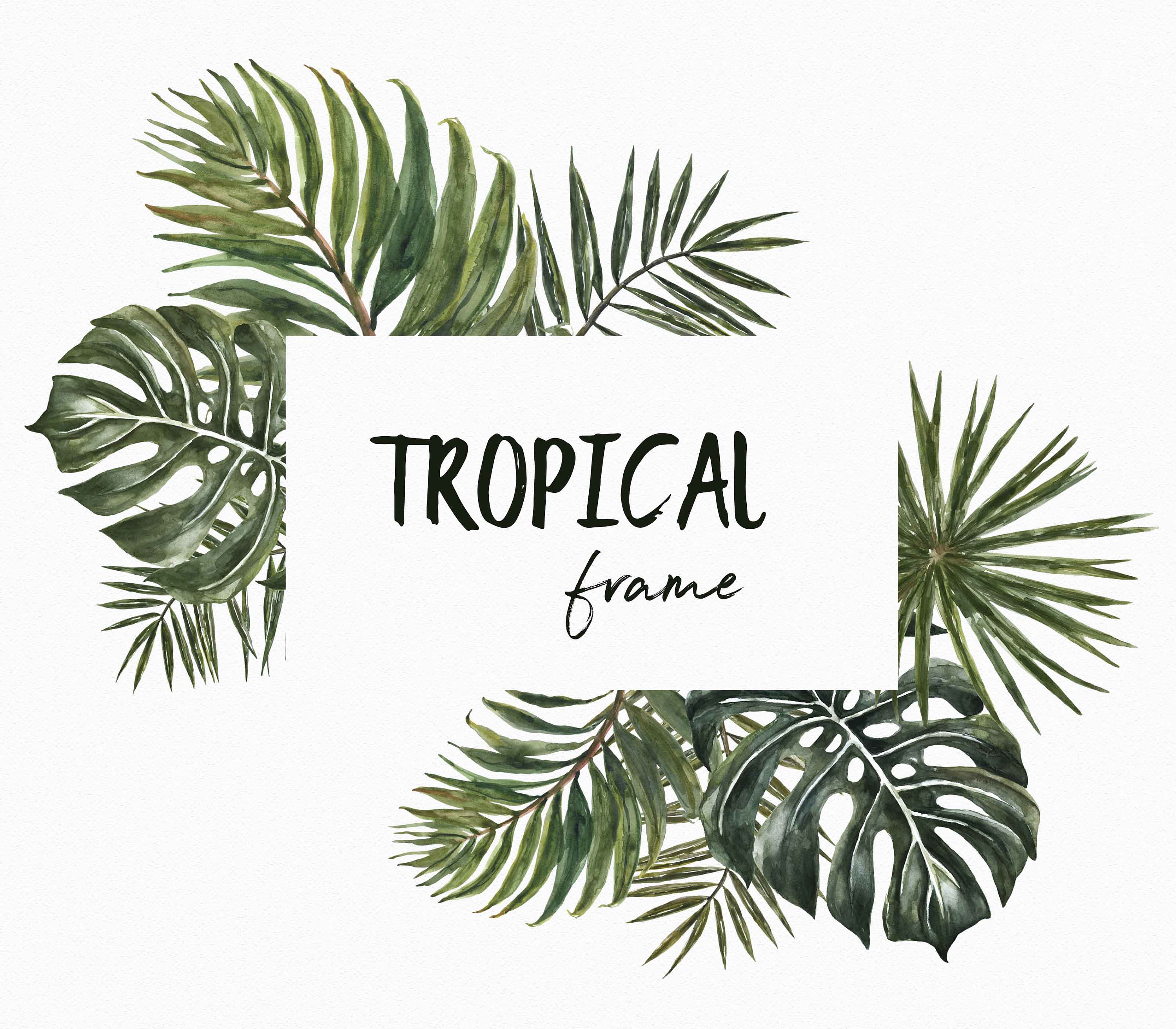 Watercolor Tropical Greenery frame clipart foliage leaves Palm | Etsy