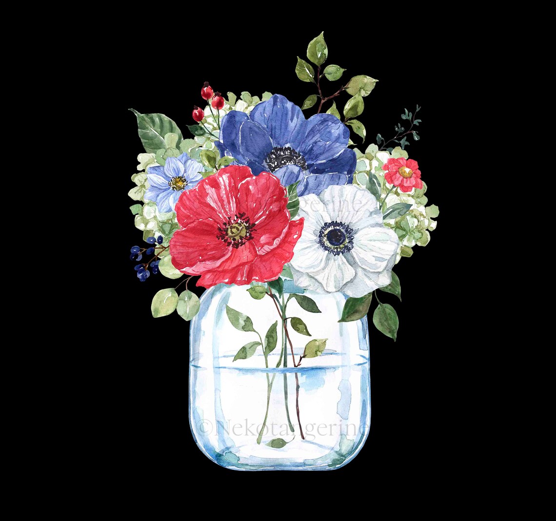 Watercolor Glass Jar Flower Arrangement Red White Navy Blue Etsy